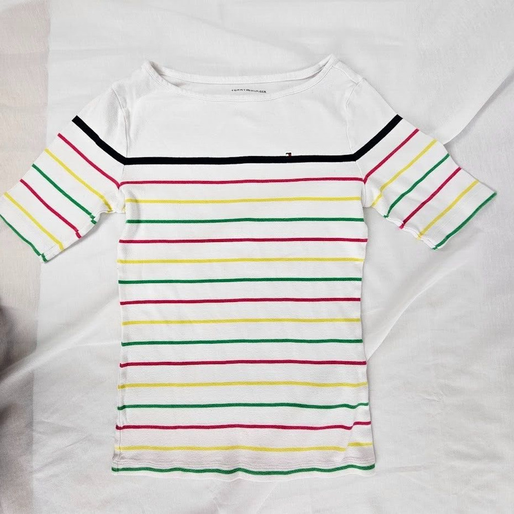 Women Tommy Hilfiger Multicolor Striped Boat Neck 3/4 Sleeve Shirt XS Pink green